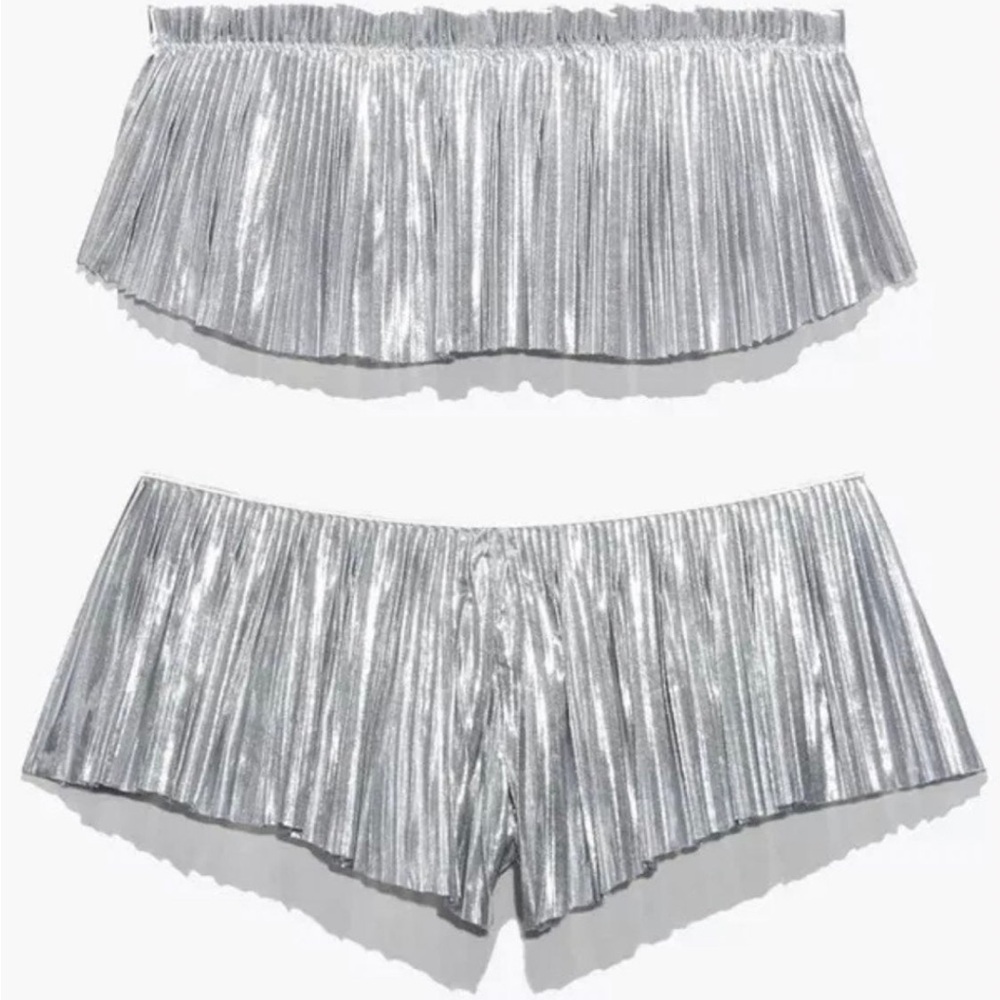 Savage Fenty Night Moves Silver Metallic Pleated Skirt and Shorts Set